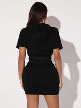 Zip Up Drawstring Hooded Crop Jacket & Bodycon Skirt